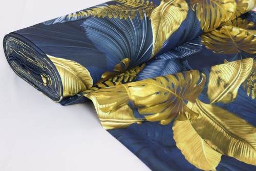 Tkanina Ogrodowa wodoodporna Liście Monstera Granatowo Złociste