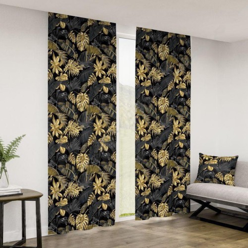 Zasłona gotowa na wymiar przelotki taśma Czarno-Złoty Liść Monster