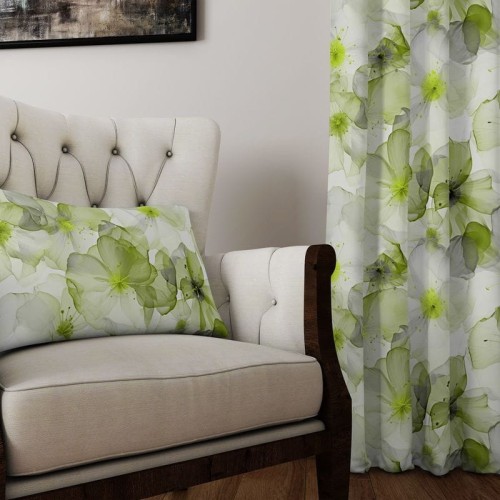 Zasłona gotowa na wymiar przelotki taśma Zielone Kwiaty 