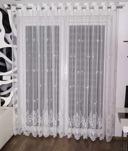 Firana Gotowa z Haftem Tiul Grecki KYRA Biała Taśma Przelotki  Na Wymiar