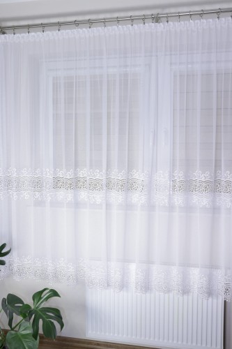 Firana Gotowa Markizeta z Gipiurą MARINA  Biała Taśma Marszcząca  wys. max 185 cm  Na Wymiar