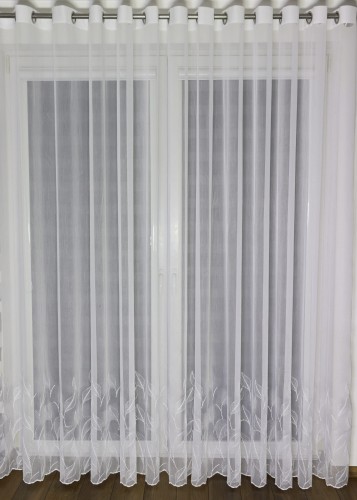 Firana z Haftem Bambus AMELIE Biała Taśma Przelotki Na WYMIAR 