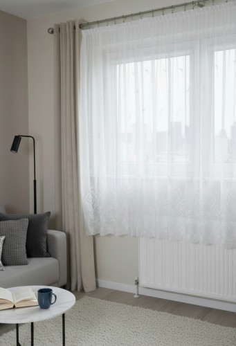 Firana Gotowa z Haftem Bambus 45729R Biała Taśma Przelotki  Na Wymiar 