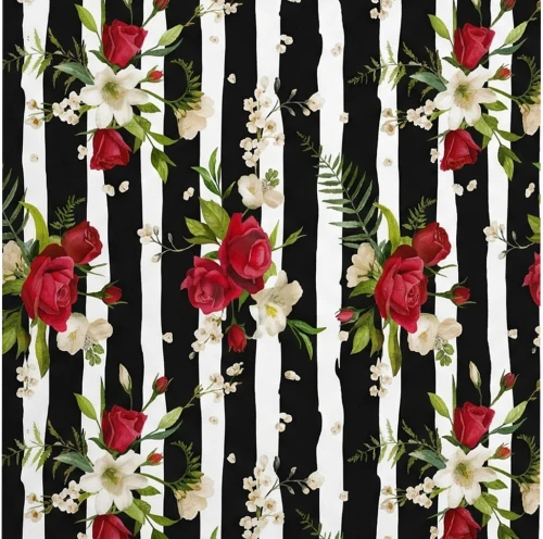 Tkanina Ogrodowa wodoodporna  Kwiaty na Czarno-Białych Pasach szer. 160 cm   