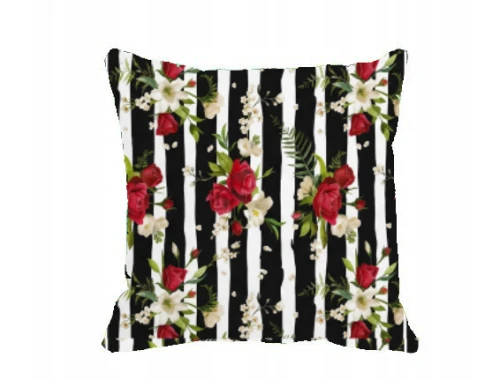 Poszewka Wodoodporna Na Poduszkę Kwiaty na Czarno-Białych Pasach
