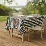 Obrus Gotowy Wodoodporny Kwiaty na Czarno-Białych Pasach  Na Wymiar 