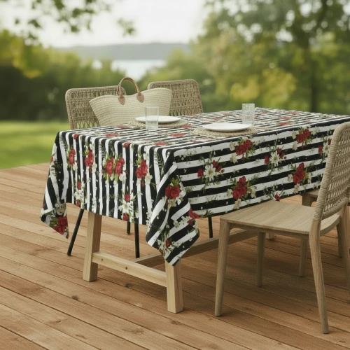 Obrus Gotowy Wodoodporny Kwiaty na Czarno-Białych Pasach  Na Wymiar 